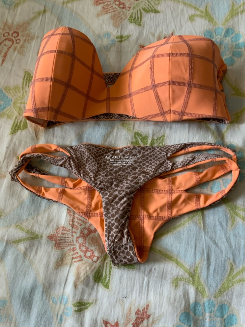 Acacia swimwear Orange Grid Bandeau Bikini with Leopard-Reverse Bottoms